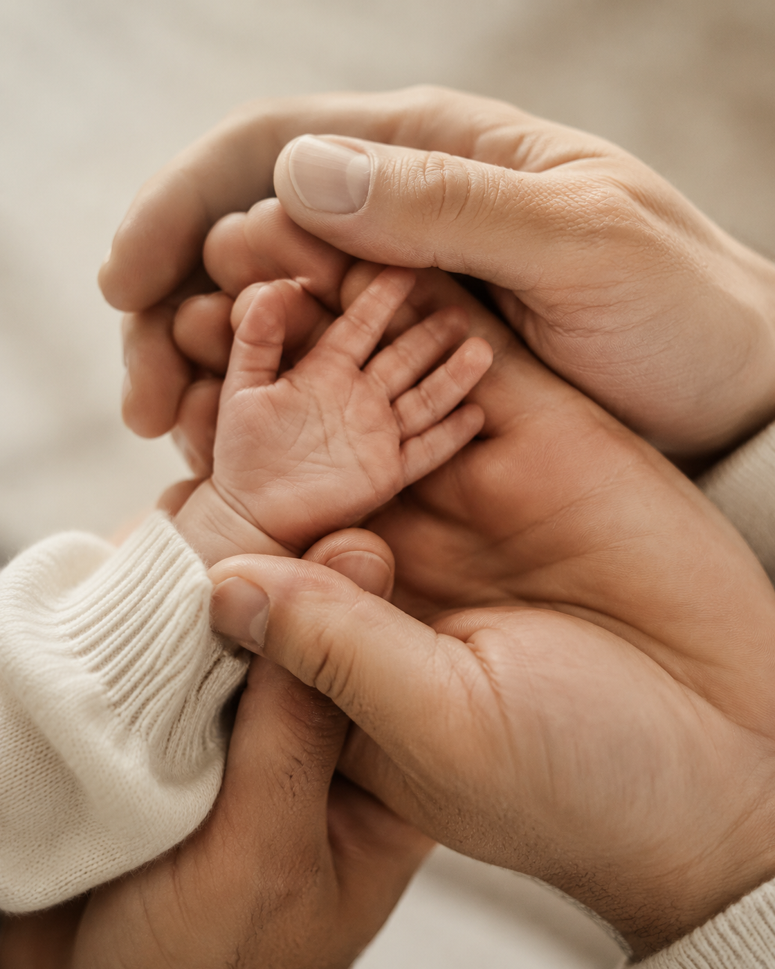 Руки родителей держат ладонь новорождённого