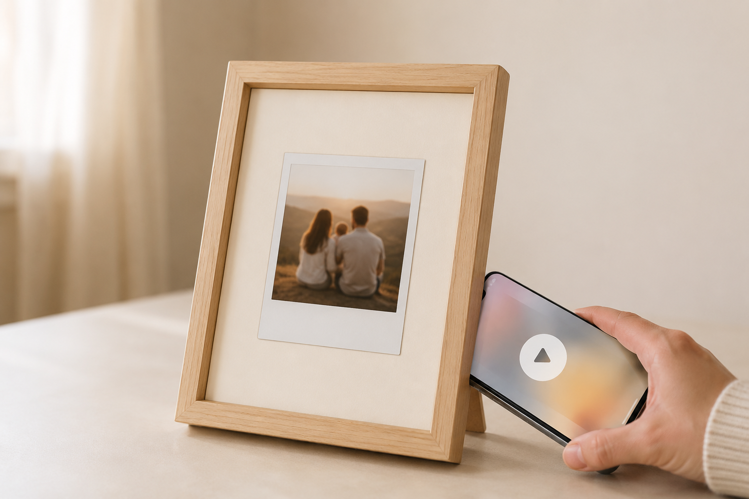 Рамка с фотографией и смартфон, открывающий воспоминание